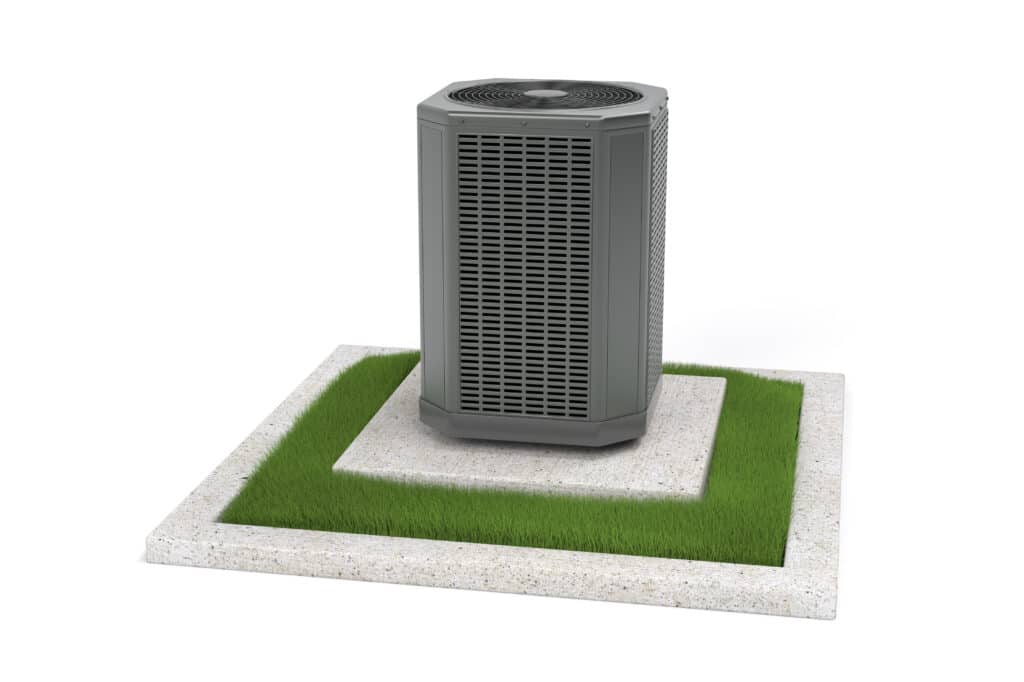 High SEER-rated HVAC air conditioning unit isolated on a white background with a clipping path.