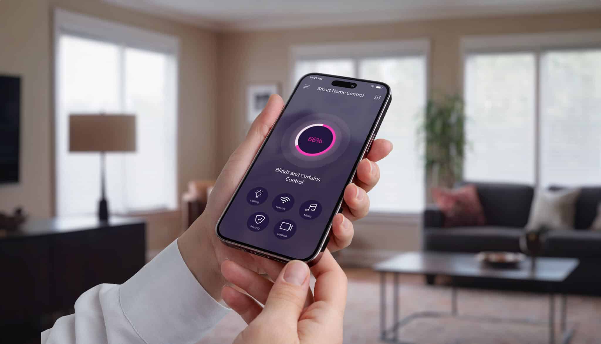 Controlling Insulated blinds and curtains in the living room using a mobile app. Woman's hand with smartphone, modern home automation for light control and privacy.